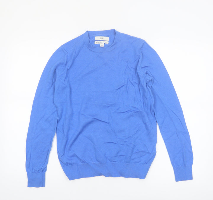 Marks and Spencer Women Blue Size 8 Crew Neck Merino Wool Jumper