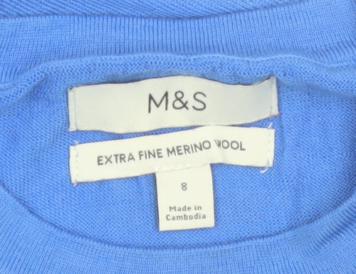 Marks and Spencer Women Blue Size 8 Crew Neck Merino Wool Jumper