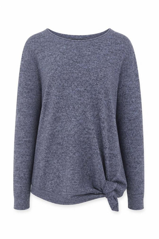 Front view of ASOS Women Blue Knit Tie Hem Jumper, size 12, Crew Neck Pullover