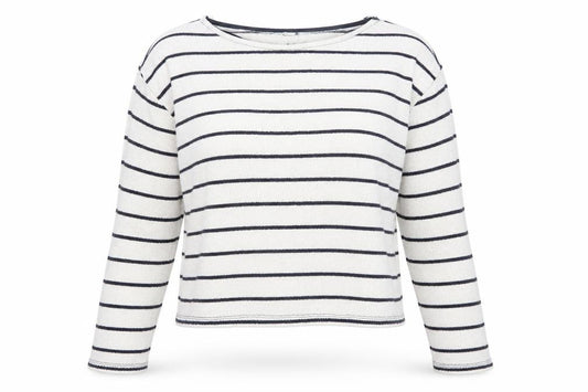 Front view of H&M Women’s White Striped Boat Neck Knit Jumper, size UK 12