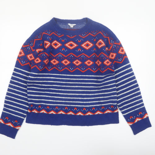 M&Co Women Blue Geometric Striped Crew Neck Jumper Size 12