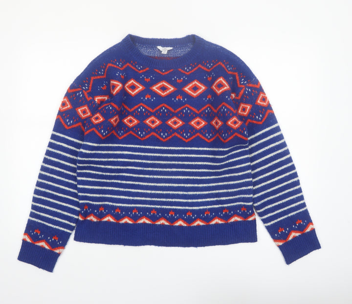 M&Co Women Blue Geometric Striped Crew Neck Jumper Size 12