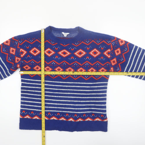 M&Co Women Blue Geometric Striped Crew Neck Jumper Size 12