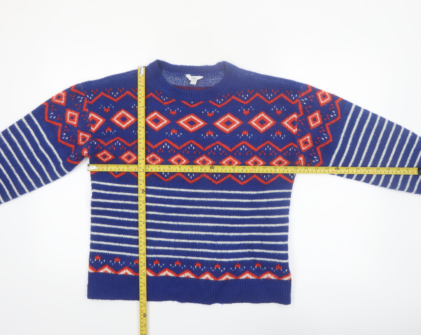 M&Co Women Blue Geometric Striped Crew Neck Jumper Size 12