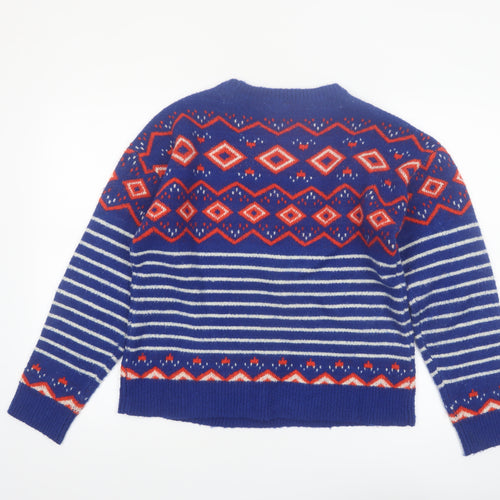 M&Co Women Blue Geometric Striped Crew Neck Jumper Size 12
