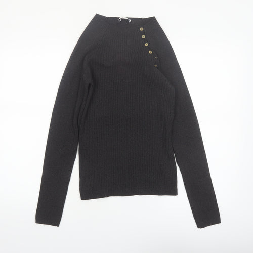 Topshop Women's Black High Neck Button Detail Knit Jumper Size M