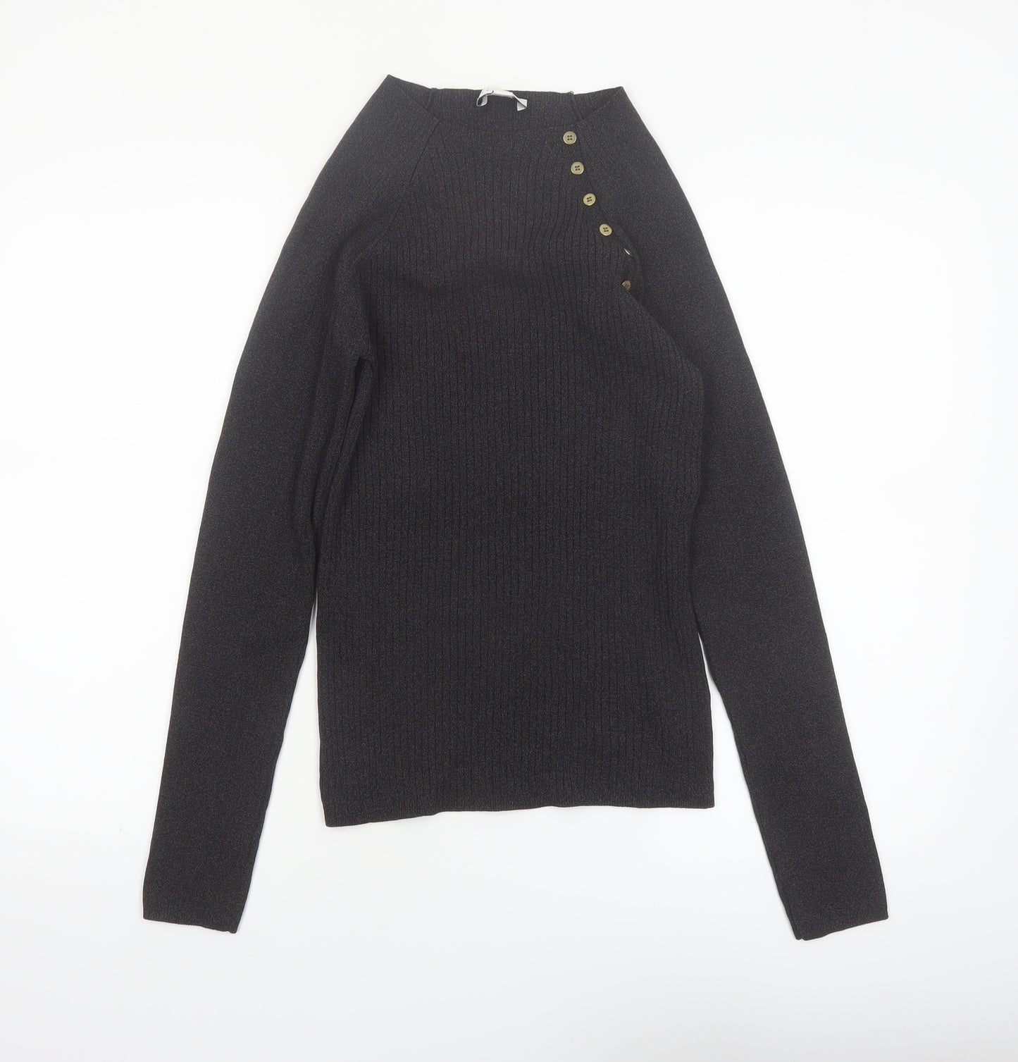 Topshop Women's Black High Neck Button Detail Knit Jumper Size M