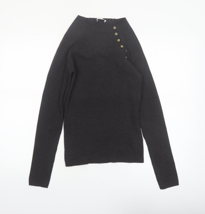 Topshop Women's Black High Neck Button Detail Knit Jumper Size M
