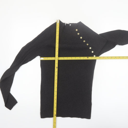 Topshop Women's Black High Neck Button Detail Knit Jumper Size M