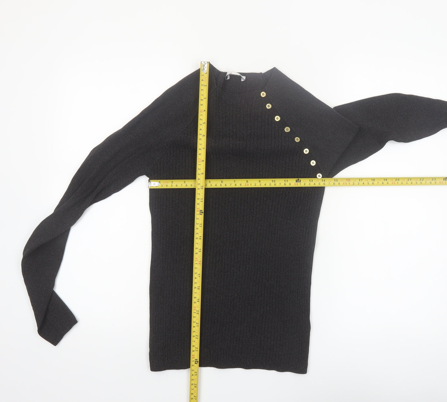Topshop Women's Black High Neck Button Detail Knit Jumper Size M