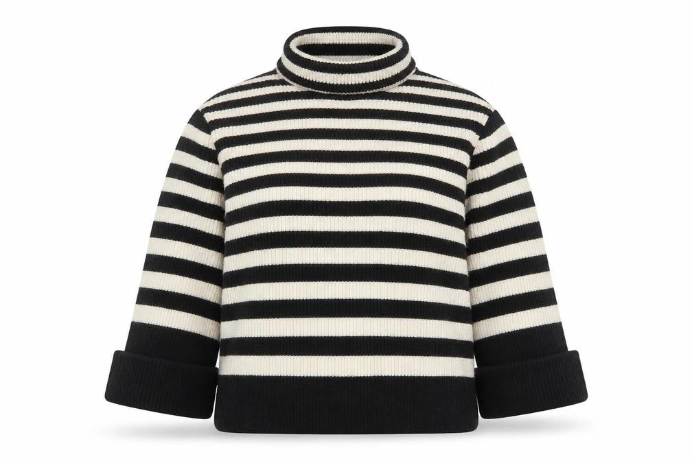 Front view of & Other Stories Women Black Stripe Roll Neck Wool Jumper, size 12