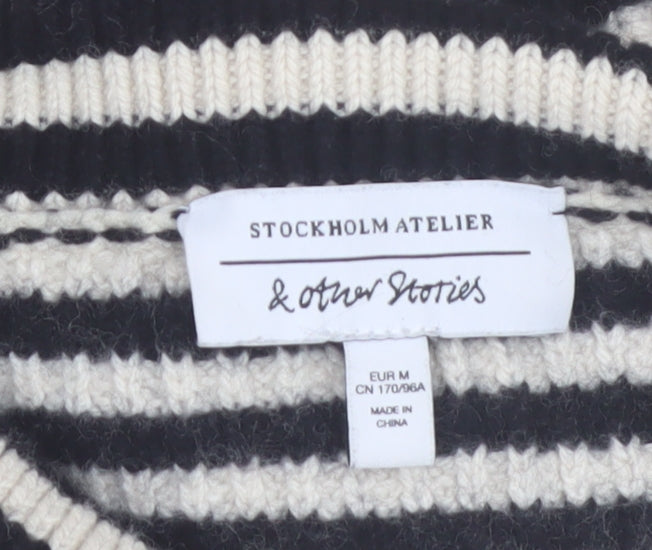 & Other Stories Women Black Stripe Roll Neck Wool Jumper Size 12