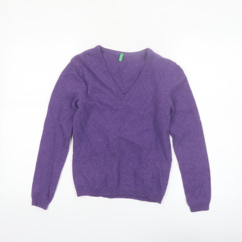 United Colors of Benetton Women's Purple Wool V-Neck Jumper Size 8