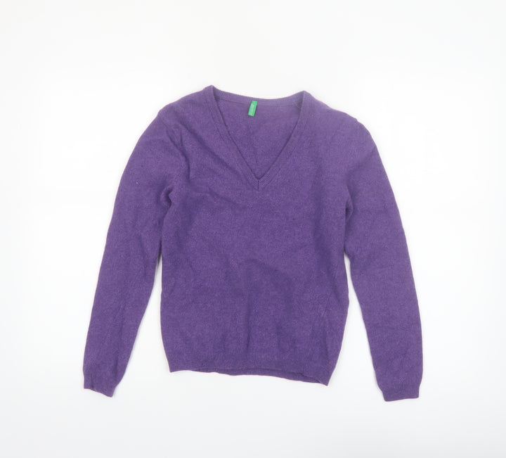 United Colors of Benetton Women's Purple Wool V-Neck Jumper Size 8