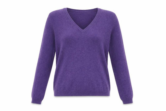 Front view of United Colors of Benetton Women's Purple Wool V-Neck Jumper, size 8