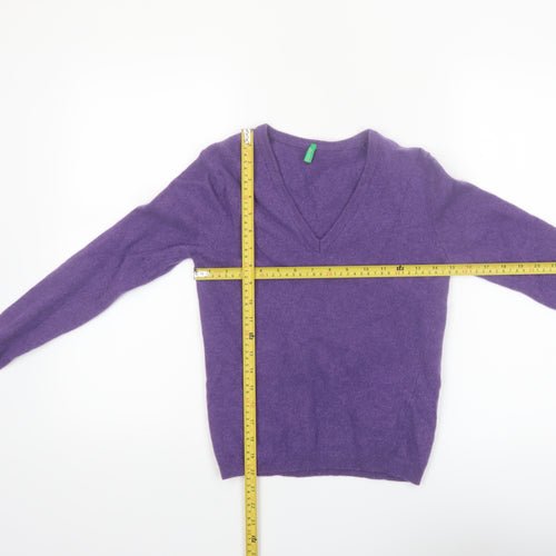 United Colors of Benetton Women's Purple Wool V-Neck Jumper Size 8