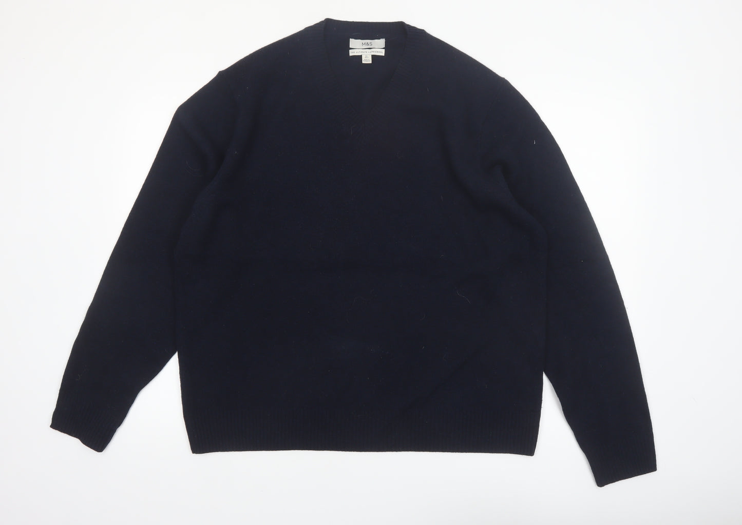 Marks and Spencer Men's Blue Wool V-Neck Jumper XL Regular Fit