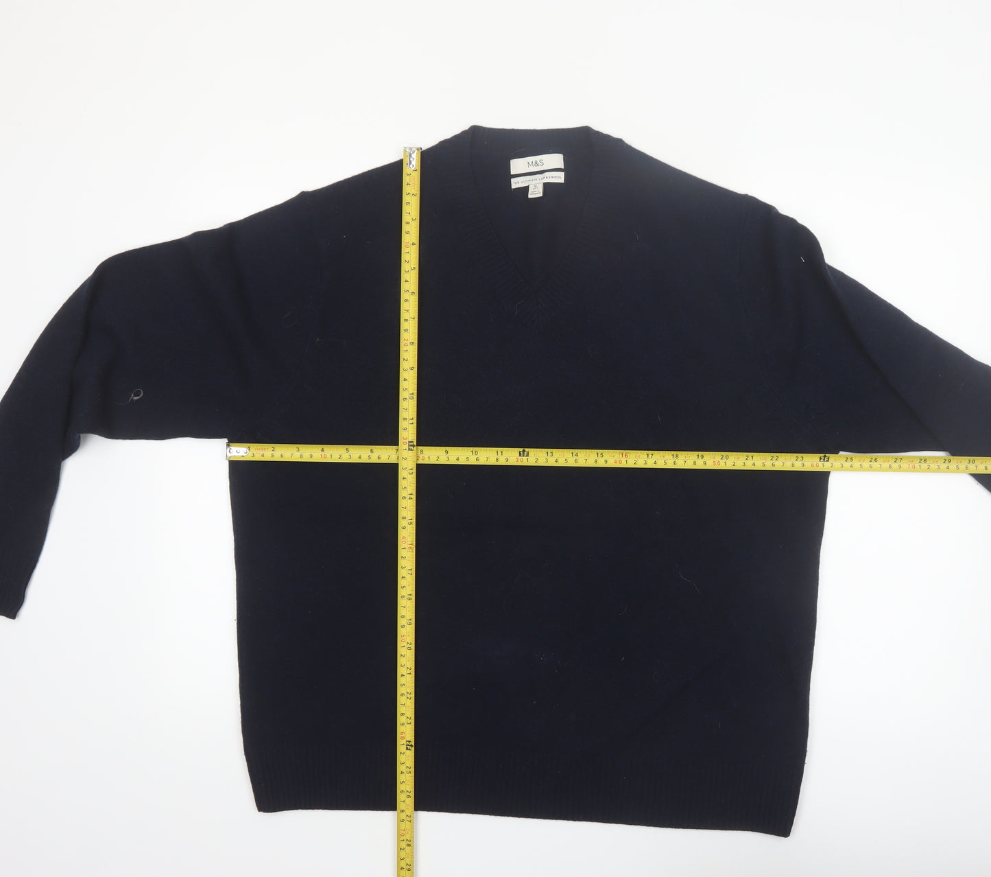 Marks and Spencer Men's Blue Wool V-Neck Jumper XL Regular Fit