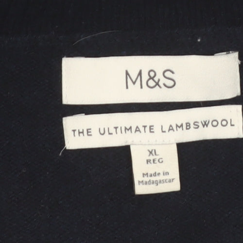 Marks and Spencer Men's Blue Wool V-Neck Jumper XL Regular Fit