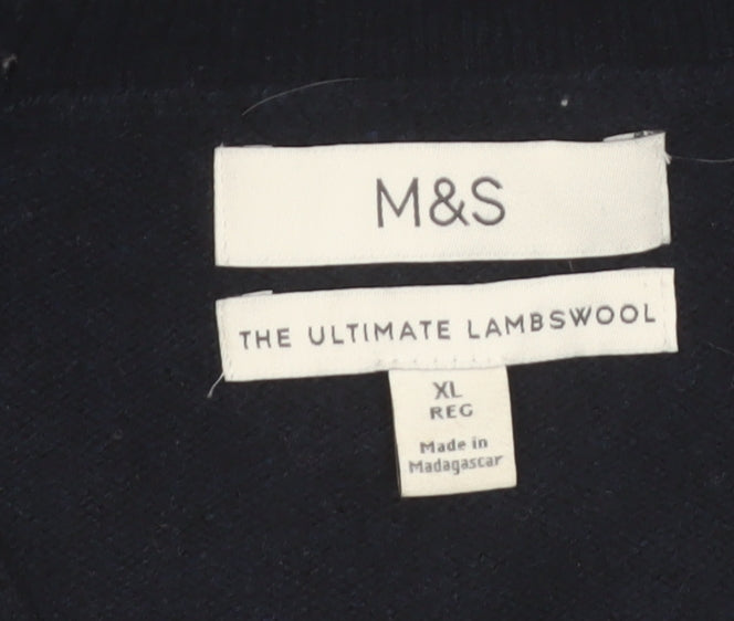 Marks and Spencer Men's Blue Wool V-Neck Jumper XL Regular Fit