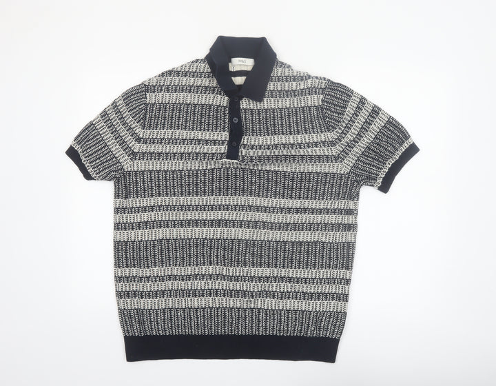 Marks and Spencer Men’s Blue Striped Knit Polo Shirt L Regular Fit