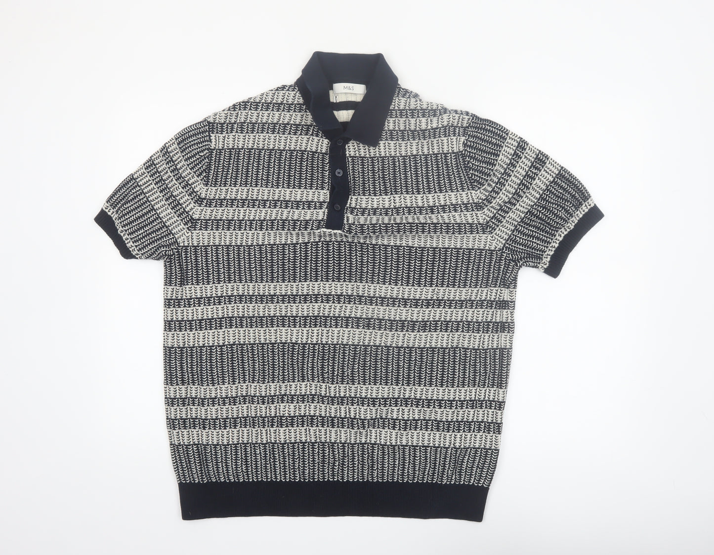 Marks and Spencer Men’s Blue Striped Knit Polo Shirt L Regular Fit
