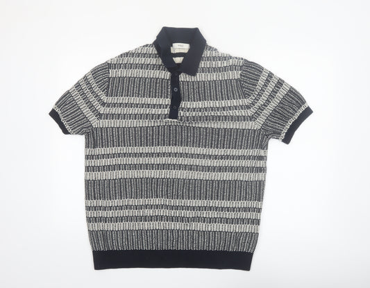 Marks and Spencer Men’s Blue Striped Knit Polo Shirt L Regular Fit