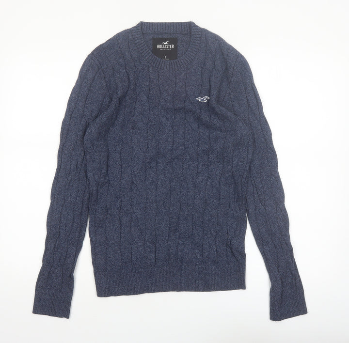 Hollister Men's Blue Cable-Knit Crew Neck Jumper Size S
