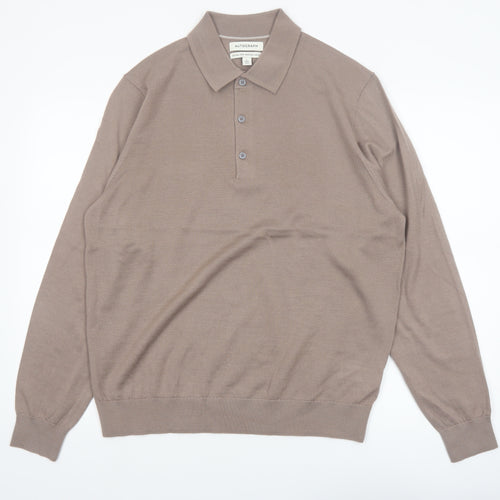 Marks and Spencer Autograph Men's Beige Merino Wool Long Sleeve Henley Jumper Size L