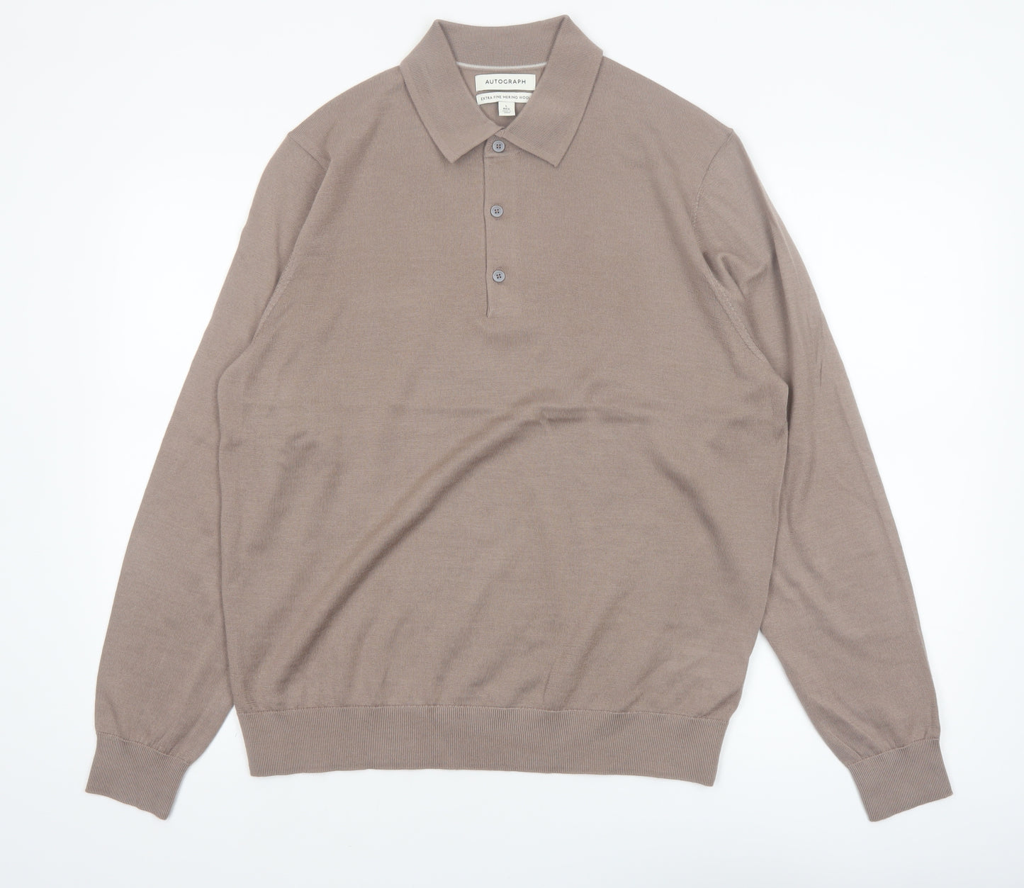 Marks and Spencer Autograph Men's Beige Merino Wool Long Sleeve Henley Jumper Size L