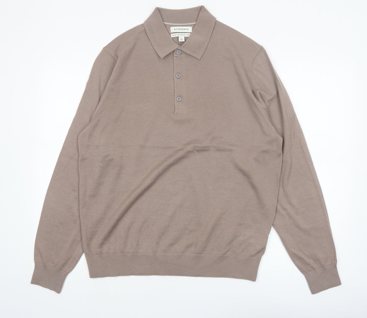 Marks and Spencer Autograph Men's Beige Merino Wool Long Sleeve Henley Jumper Size L