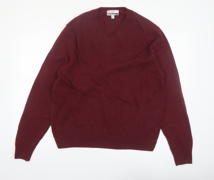 Marks and Spencer Men's Red Wool V-Neck Jumper XL Classic Fit