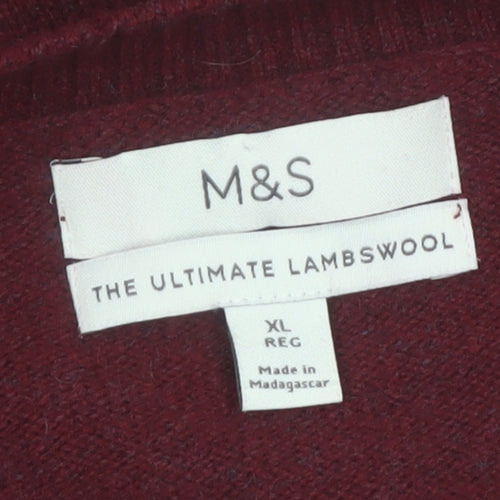 Marks and Spencer Men's Red Wool V-Neck Jumper XL Classic Fit