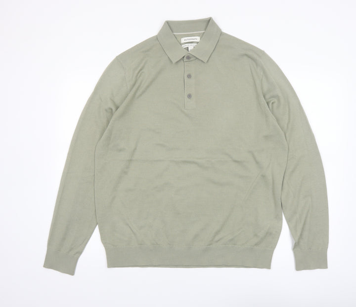 Marks and Spencer Men’s Green Merino Wool Henley Jumper L Classic Fit