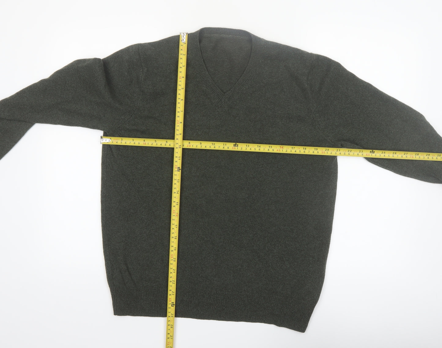 Marks and Spencer Men's Green Wool V-Neck Jumper XL