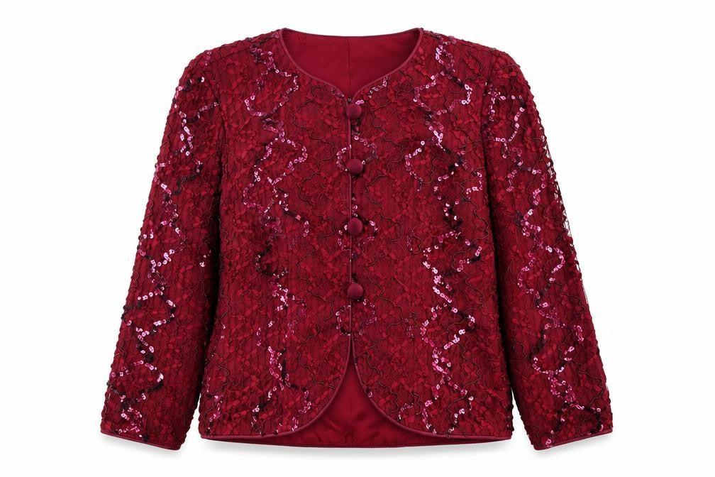 Front view of JS Collections Petite Burgundy Sequin Evening Jacket UK 14