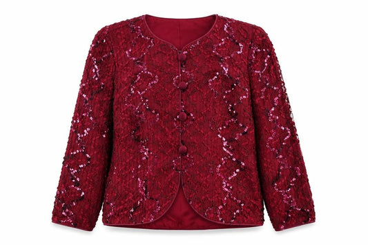 Front view of JS Collections Petite Burgundy Sequin Evening Jacket UK 14