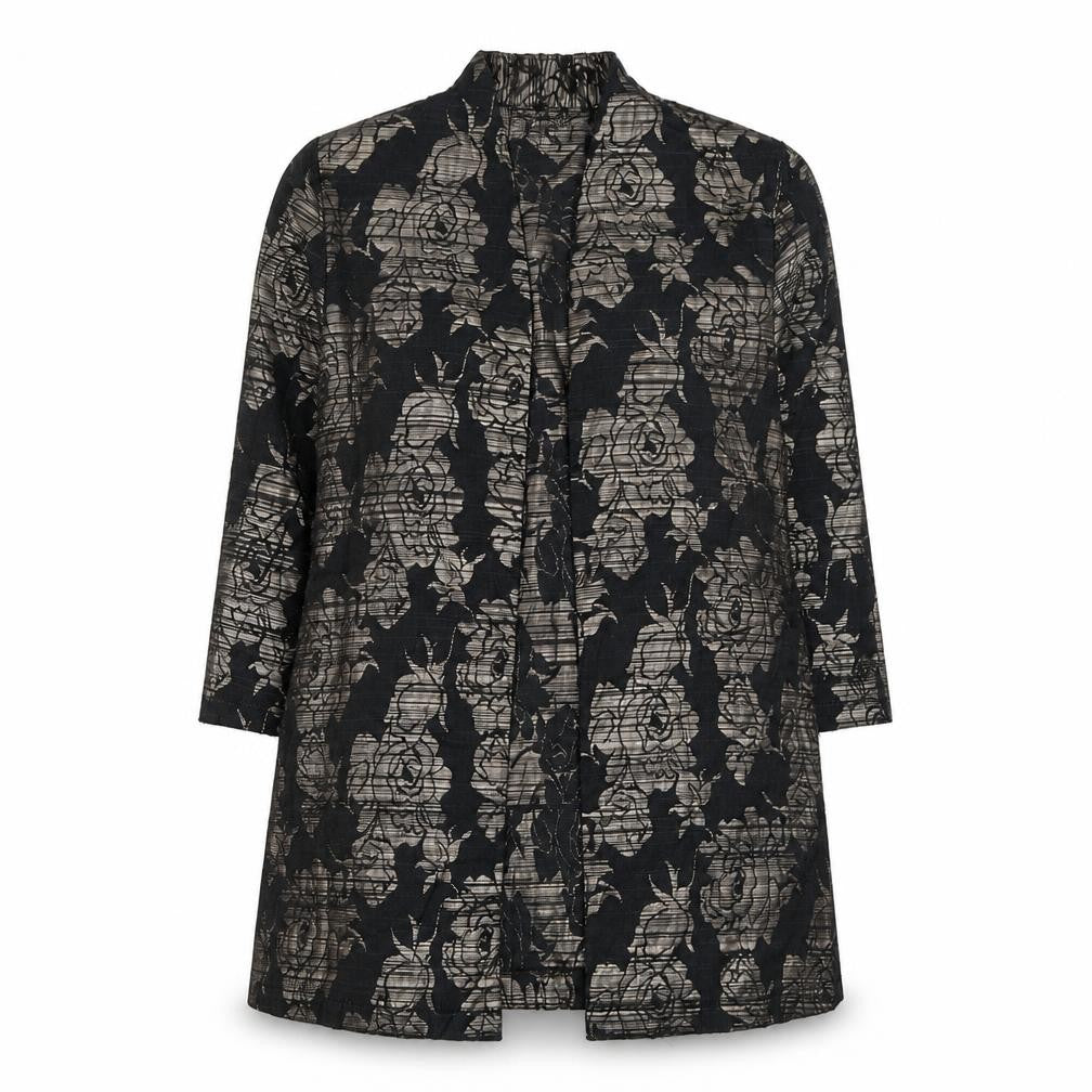 Front view of David Women Black Floral Lace Mid-Length Blazer, size 12