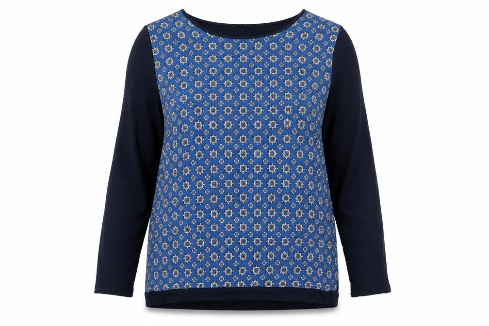 Front view of Caroll Women's Blue Geometric Long Sleeve jumper, size 14