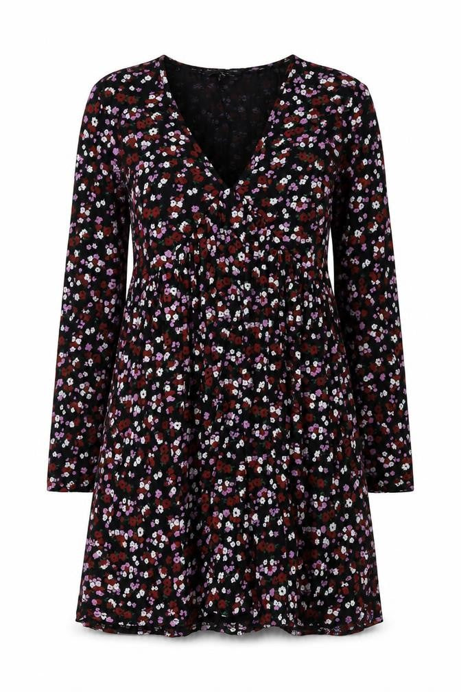 Wednesday’s Girl Womens Black Floral V-Neck Long Sleeve Skater Dress XS