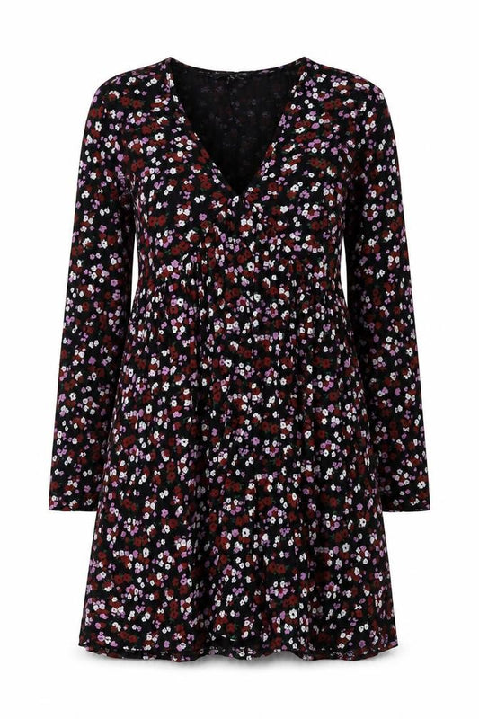 Front view of Wednesday’s Girl women’s black floral v-neck long sleeve skater dress xs