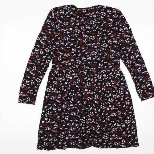 Wednesday’s Girl Womens Black Floral V-Neck Long Sleeve Skater Dress XS