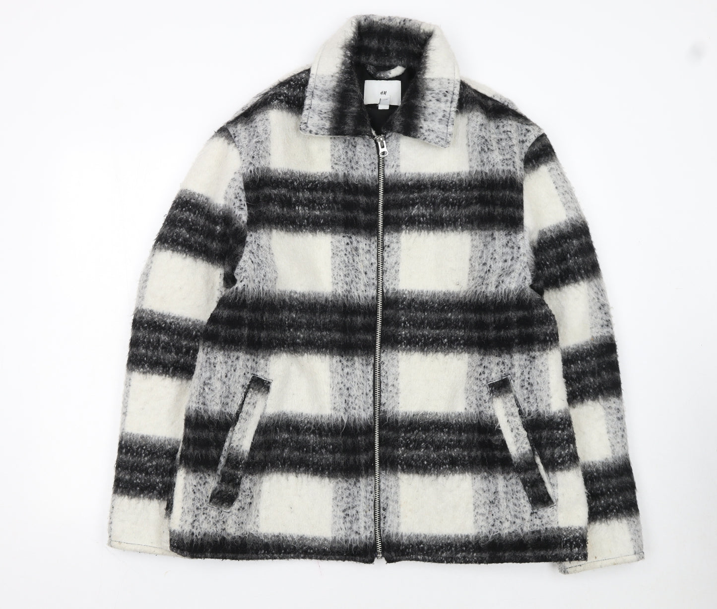 H&M Women's Grey Checked Wool Blend Zip Jacket Size L