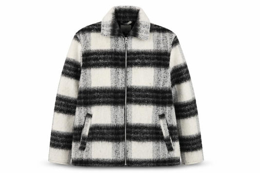 Front view of H&M Women's Grey Checked Wool Blend Zip Jacket, size L