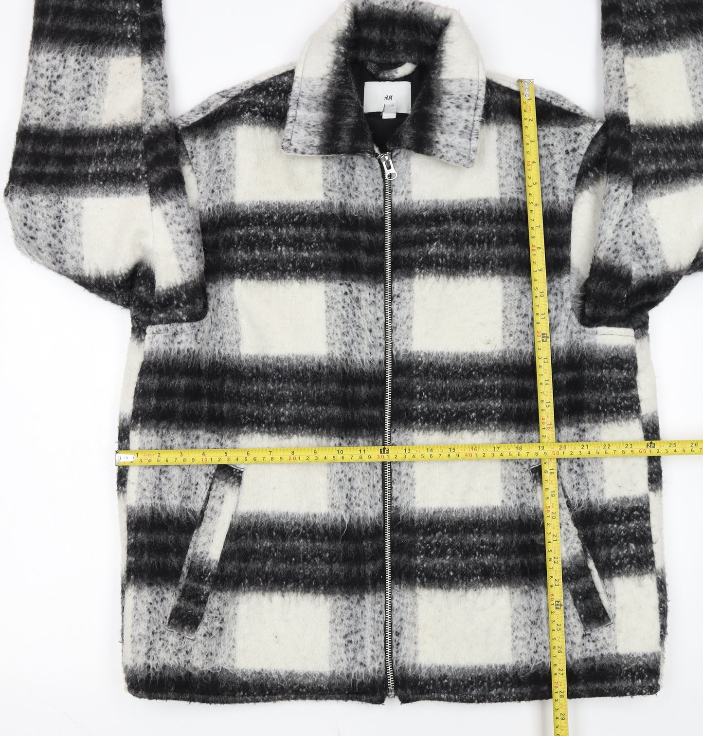 H&M Women's Grey Checked Wool Blend Zip Jacket Size L