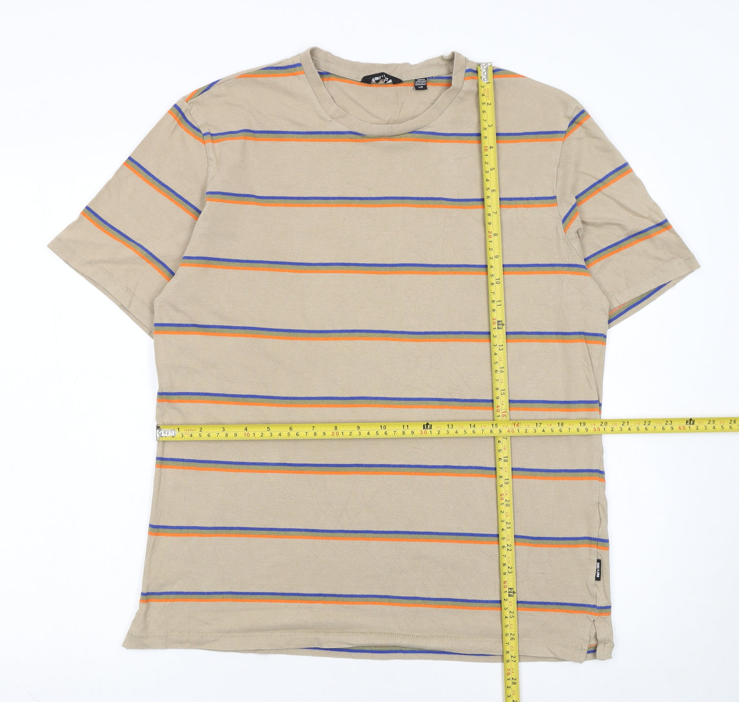 Only & Sons Men's Beige Striped Cotton T-Shirt Size L