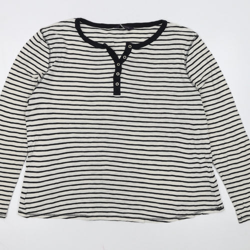 Marks and Spencer Women’s White Stripe Henley Long Sleeve Cotton T-Shirt Size 18