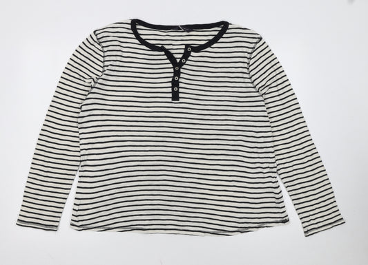 Marks and Spencer Women’s White Stripe Henley Long Sleeve Cotton T-Shirt Size 18