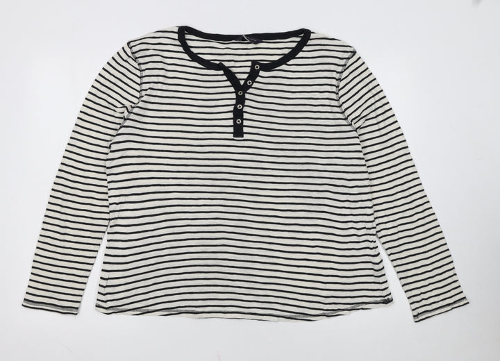 Marks and Spencer Women’s White Stripe Henley Long Sleeve Cotton T-Shirt Size 18