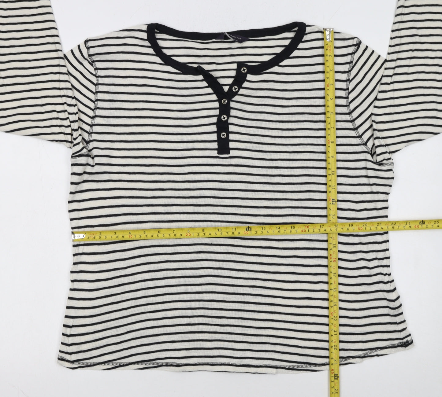 Marks and Spencer Women’s White Stripe Henley Long Sleeve Cotton T-Shirt Size 18